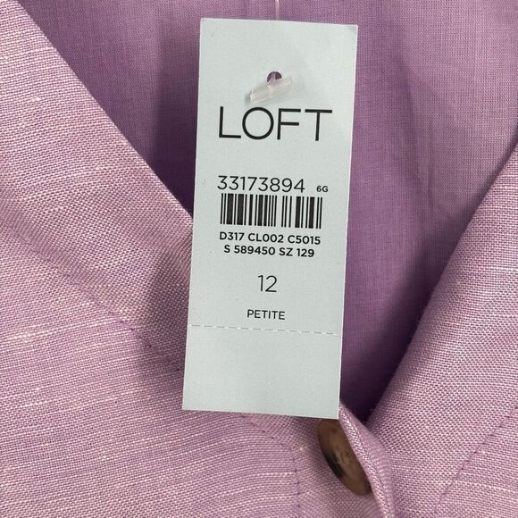 LOFT Orchid Flash Linen Button Front V-Neck Puff Sleeve Dress Size 12 Petite NWT - Picture 6 of 10